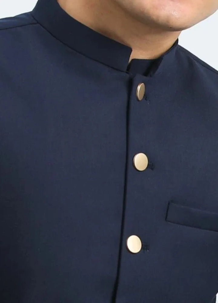 Muraqsh Off White Kameez Shalwar with Navy Blue Suiting Waistcoat Round Cut