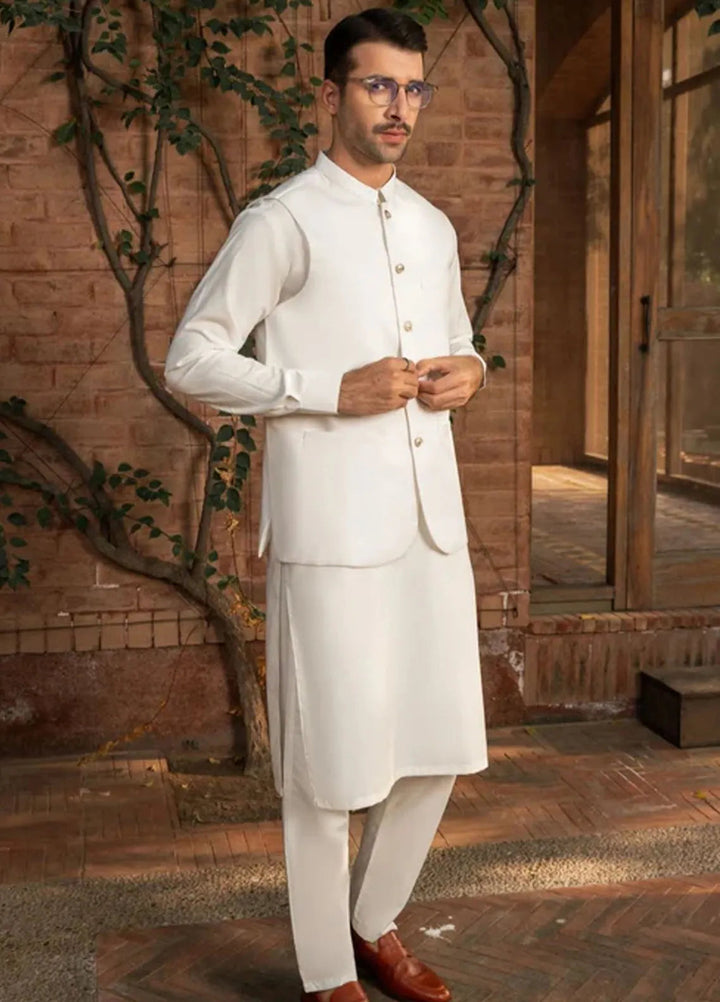 Muraqsh Off White Kameez Shalwar with Suiting Waistcoat Round Cut
