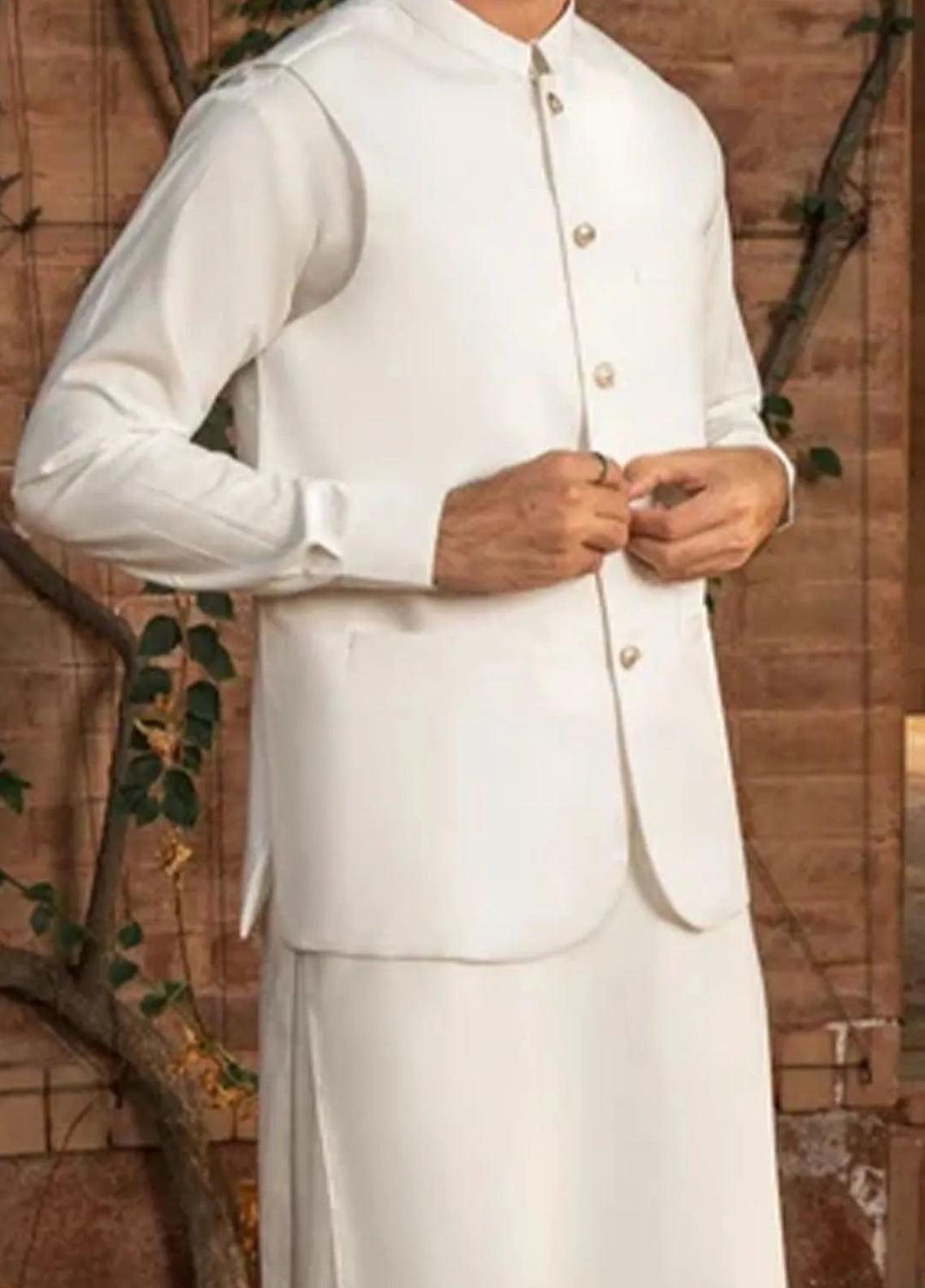Muraqsh Off White Kameez Shalwar with Suiting Waistcoat Round Cut