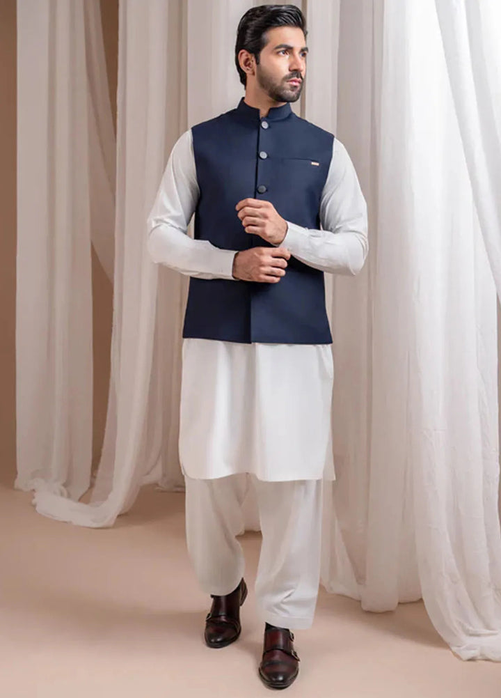 Muraqsh Off White Kurta Shalwar with Navy Blue Suiting Waistcoat Straight Cut