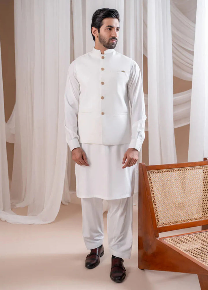 Muraqsh Off White Kurta Shalwar with Suiting Waistcoat Straight Cut