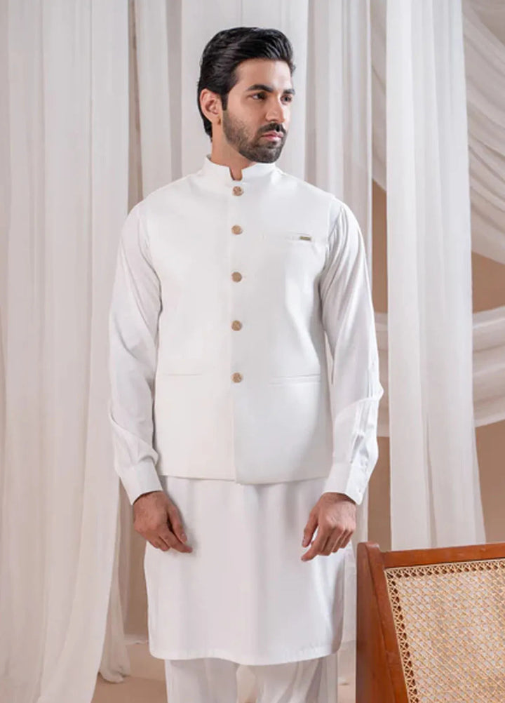 Muraqsh Off White Kurta Shalwar with Suiting Waistcoat Straight Cut