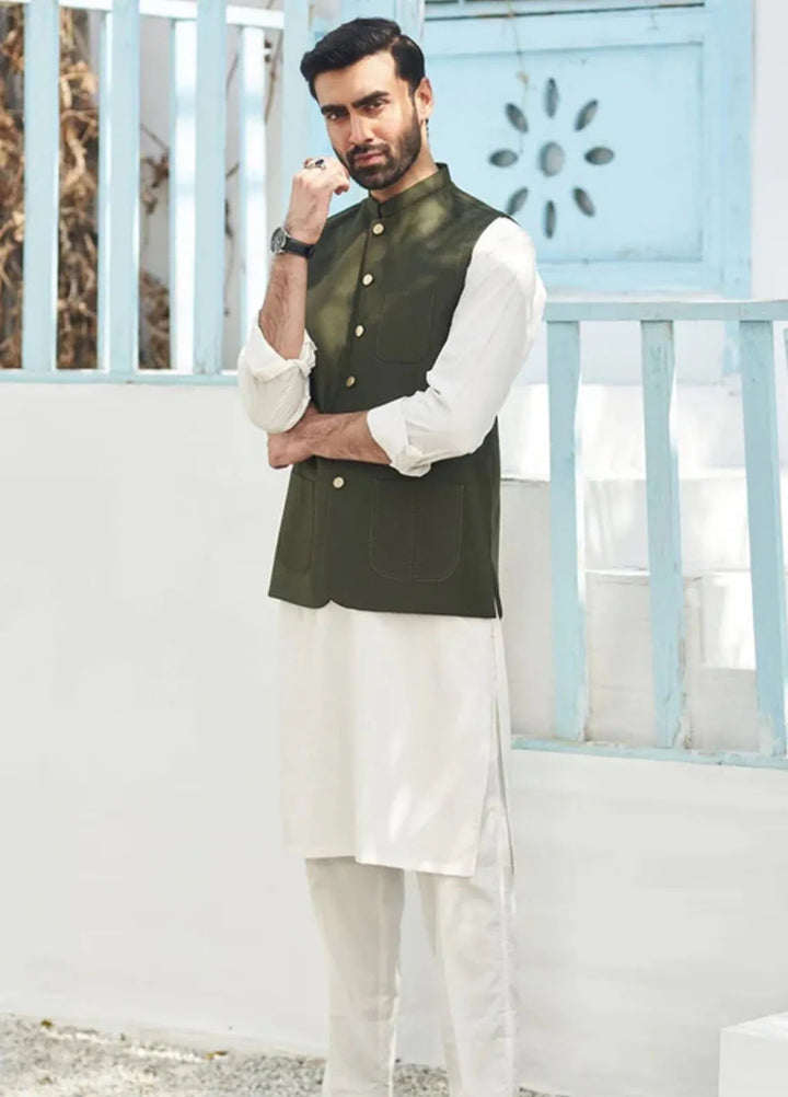 Muraqsh Off White Kurta Trouser with Army Green Suiting Waistcoat Round Cut