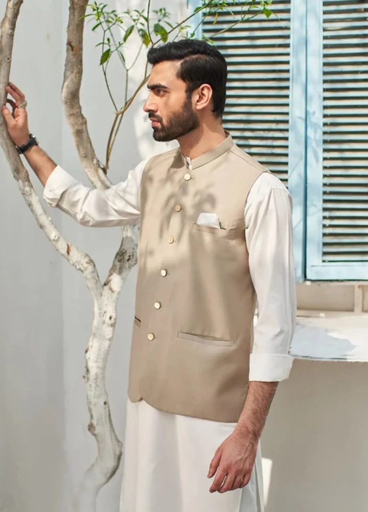Muraqsh Off White Kurta Trouser with Beige Suiting Waistcoat Round Cut