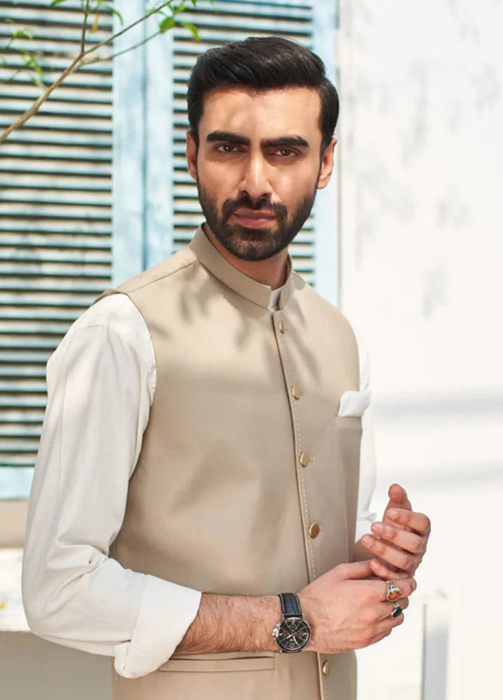 Muraqsh Off White Kurta Trouser with Beige Suiting Waistcoat Round Cut