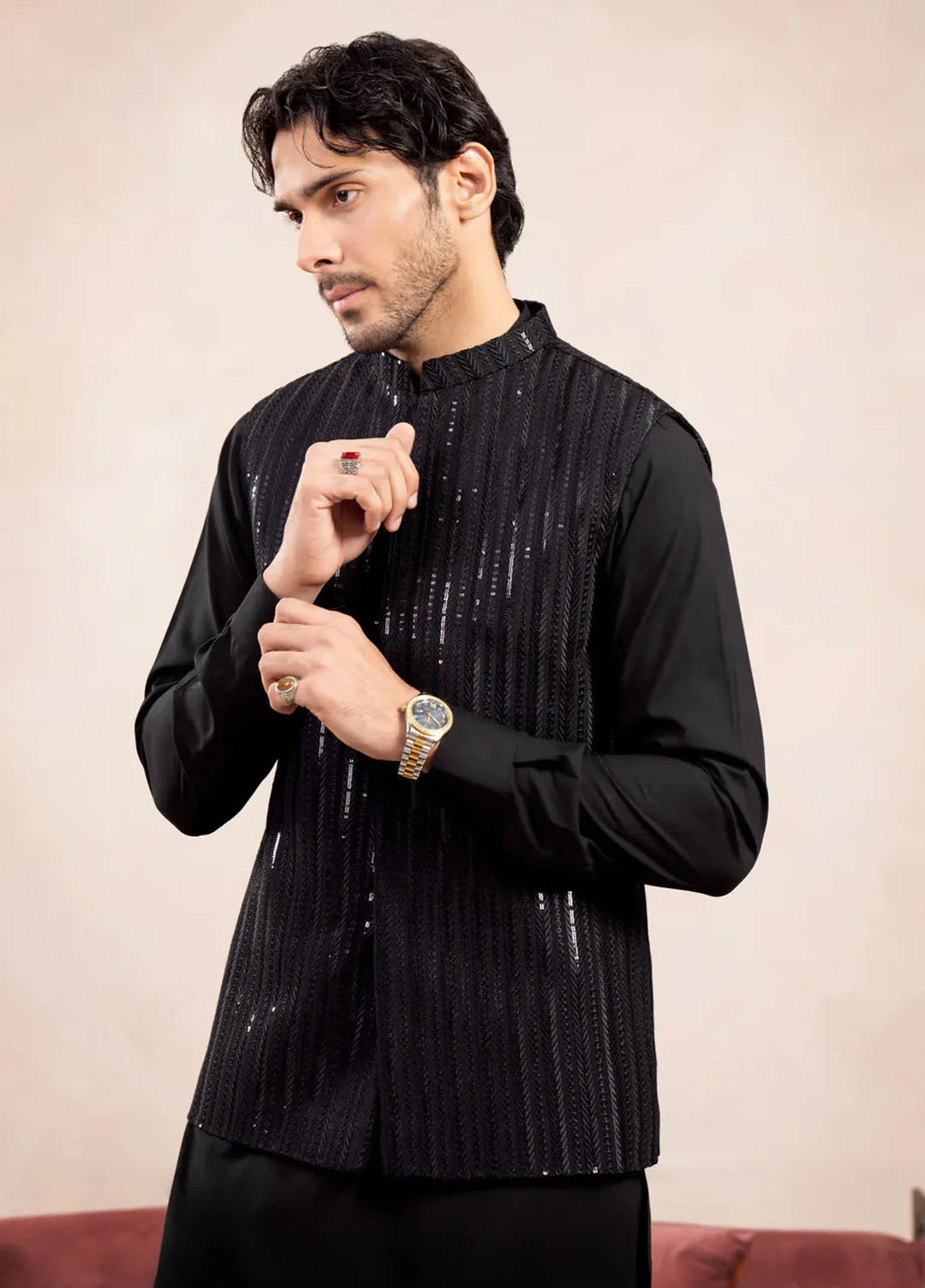 Muraqsh Pret Embroidered Raw Silk 1 Piece Arrow Sequin Embroidered Waistcoat