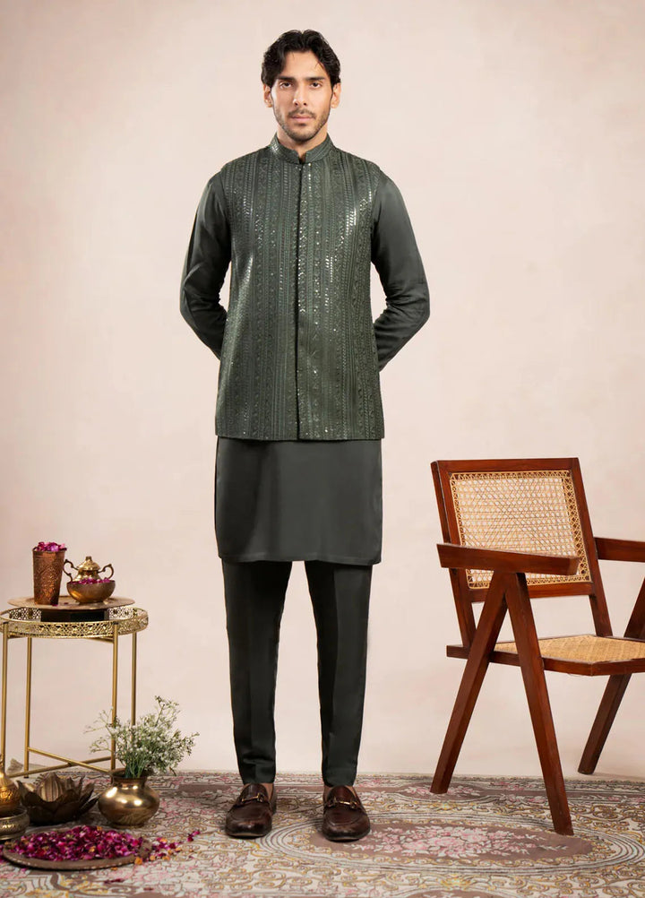 Muraqsh Pret Embroidered Raw Silk 1 Piece Olive Falling Embroidered Waistcoat