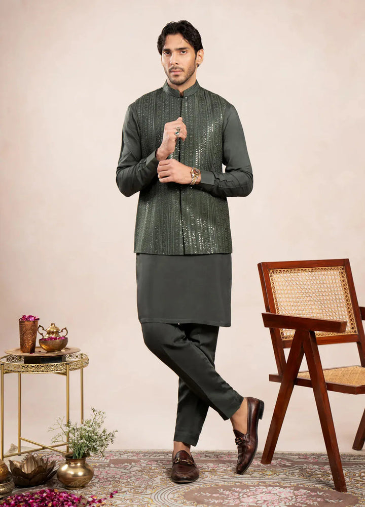 Muraqsh Pret Embroidered Raw Silk 1 Piece Olive Falling Embroidered Waistcoat