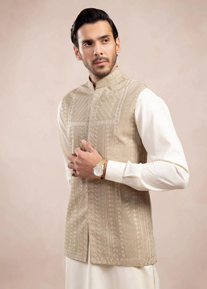 Muraqsh Pret Embroidered Raw Silk 1 Piece Royal Mint Embroidered Waistcoat