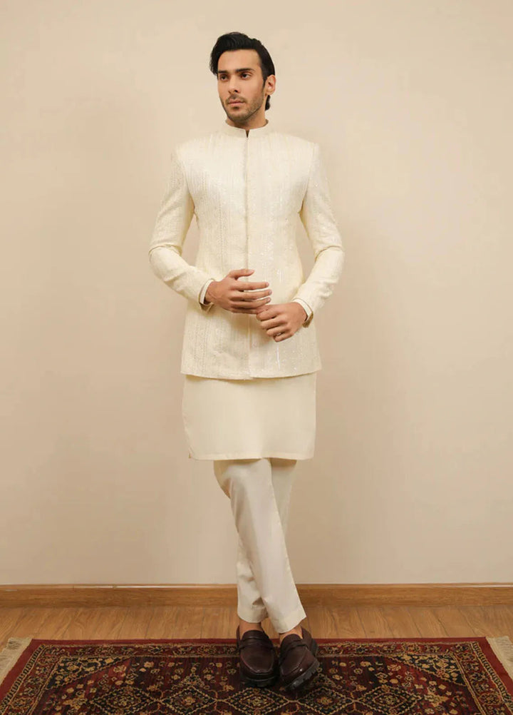 Muraqsh Pret Embroidered Raw Silk 2 Piece Bosky Kurta Trouser with Falling Prince Coat