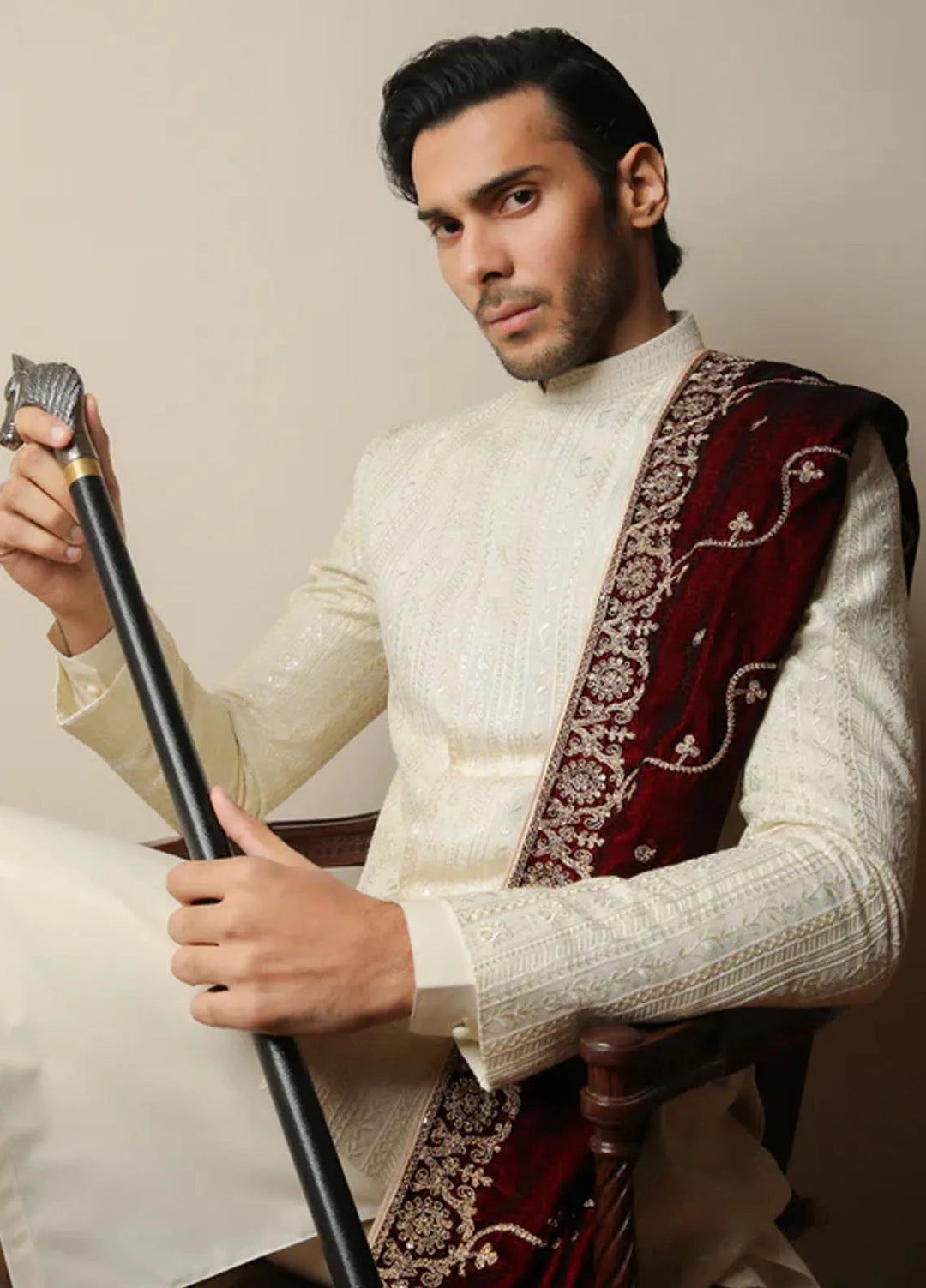 Muraqsh Pret Embroidered Raw Silk 2 Piece Bosky Kurta Trouser with Falling Prince Coat