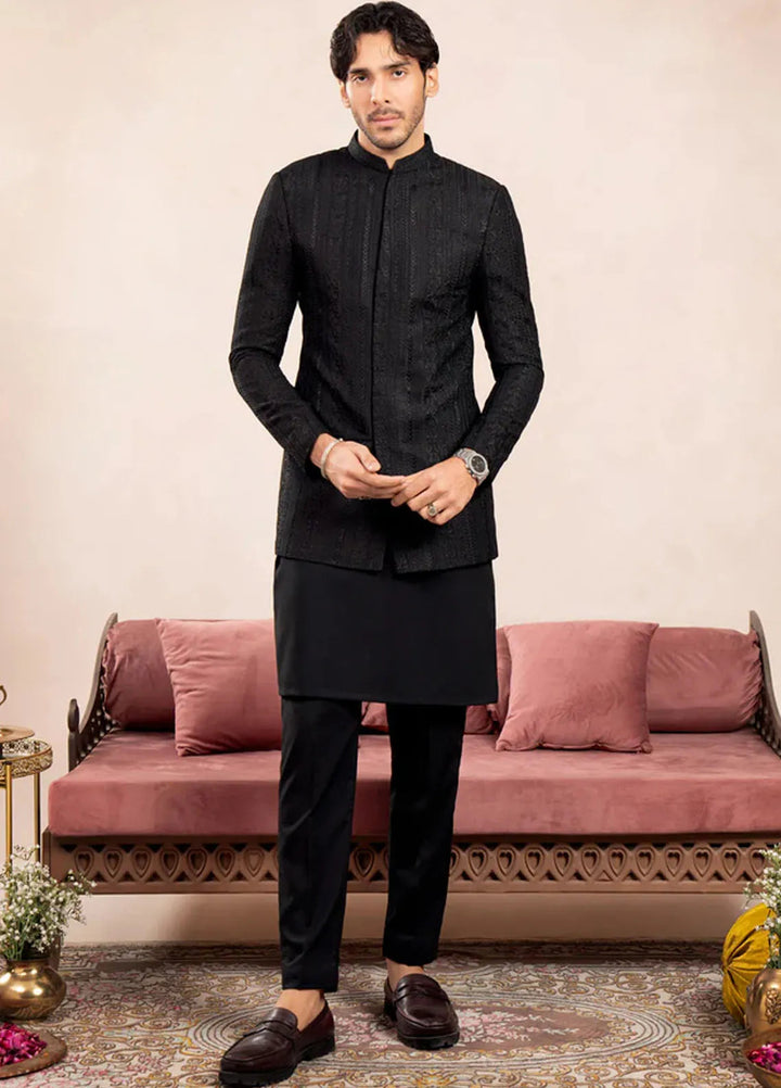 Muraqsh Pret Embroidered Raw Silk 2 Piece Kurta Trouser with Cross Stitched Prince Coat