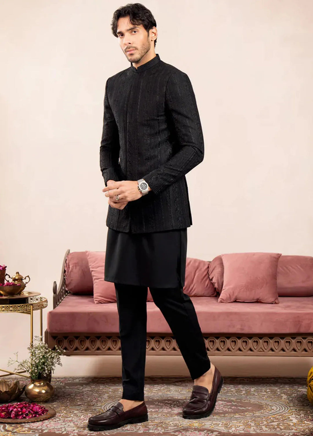 Muraqsh Pret Embroidered Raw Silk 2 Piece Kurta Trouser with Cross Stitched Prince Coat