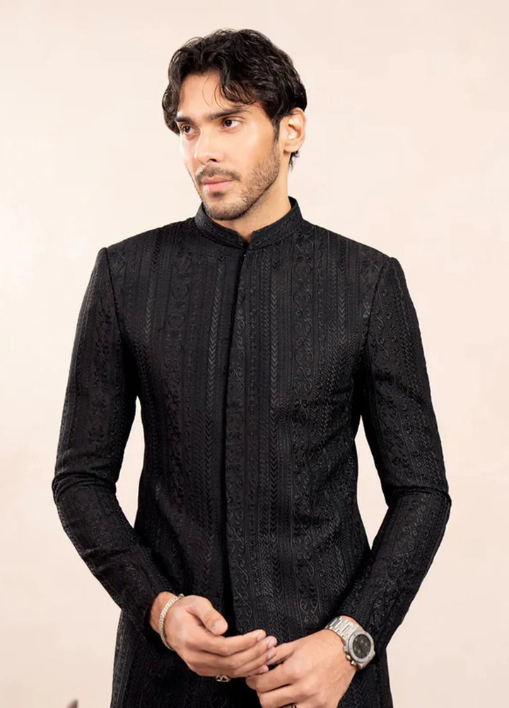 Muraqsh Pret Embroidered Raw Silk 2 Piece Kurta Trouser with Cross Stitched Prince Coat