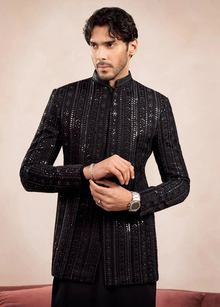 Muraqsh Pret Embroidered Raw Silk 2 Piece Kurta Trouser with Falling Pani Sequin Prince Coat