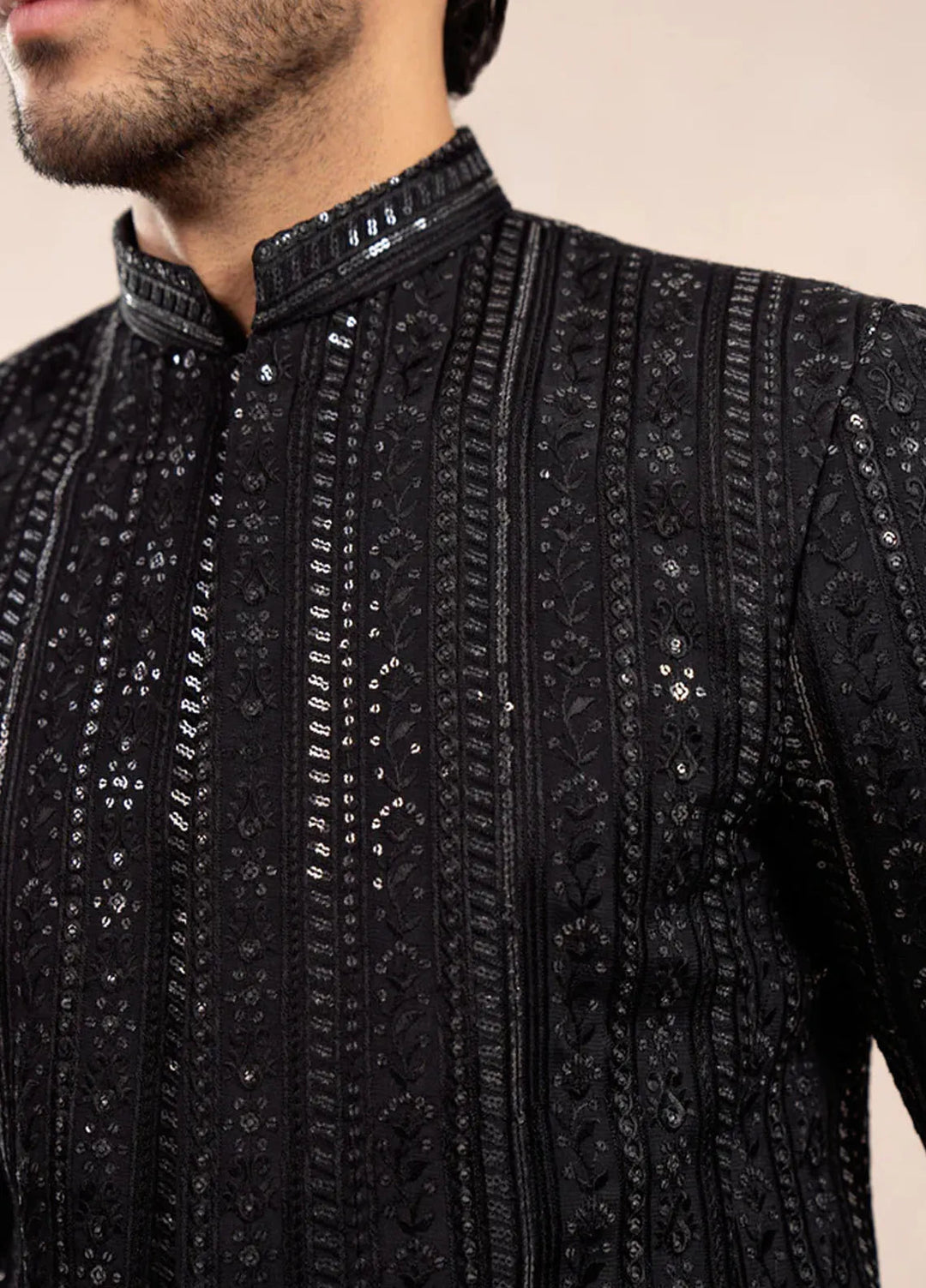 Muraqsh Pret Embroidered Raw Silk 2 Piece Kurta Trouser with Falling Pani Sequin Prince Coat