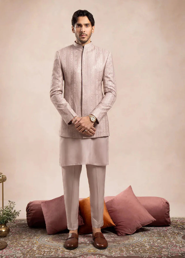 Muraqsh Pret Embroidered Raw Silk 2 Piece Kurta Trouser with Falling Prince Coat