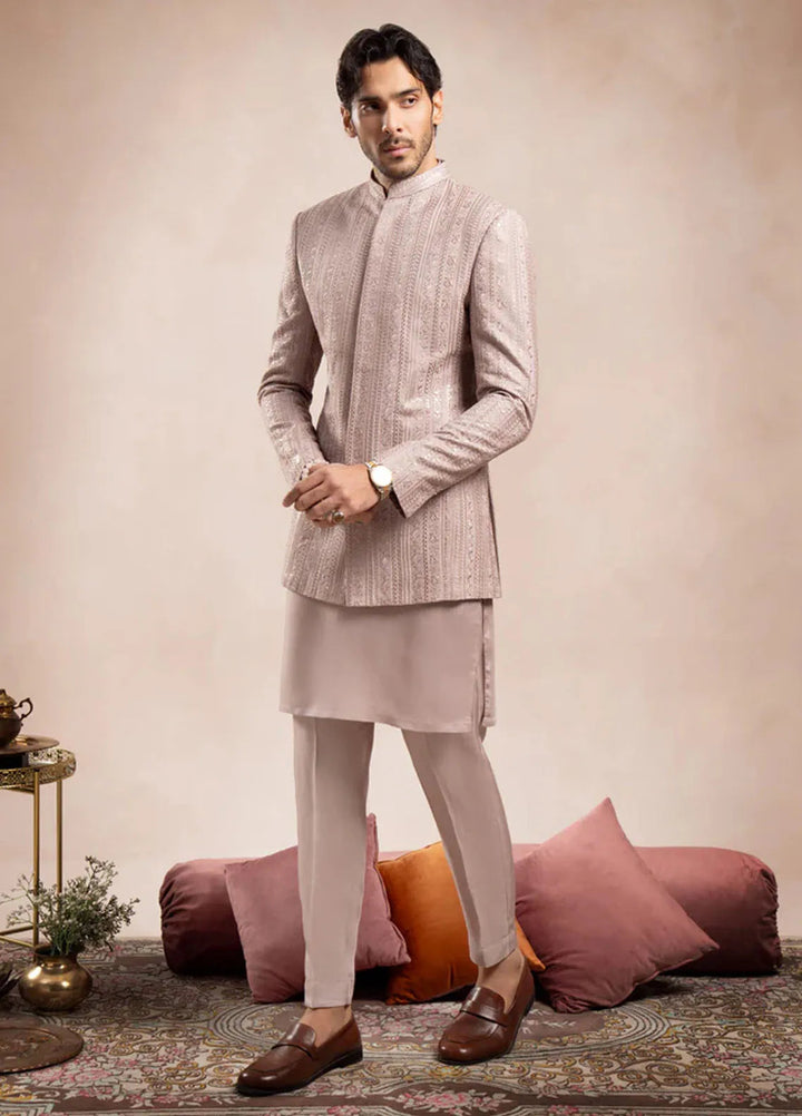 Muraqsh Pret Embroidered Raw Silk 2 Piece Kurta Trouser with Falling Prince Coat