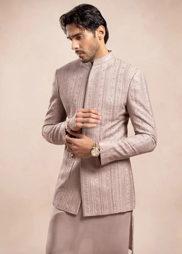 Muraqsh Pret Embroidered Raw Silk 2 Piece Kurta Trouser with Falling Prince Coat