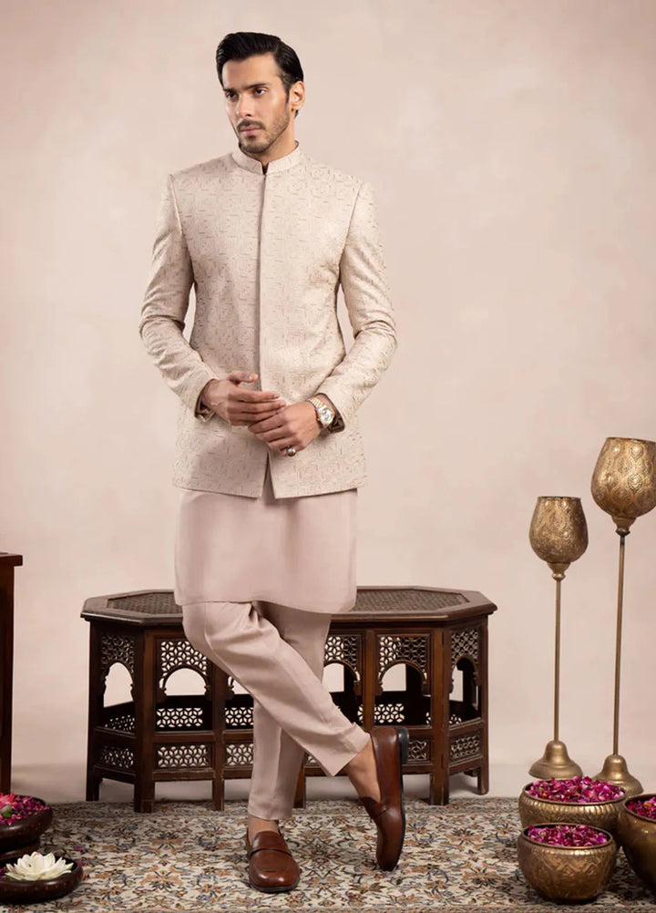 Muraqsh Pret Embroidered Raw Silk 2 Piece Kurta Trouser with Square Prince Coat