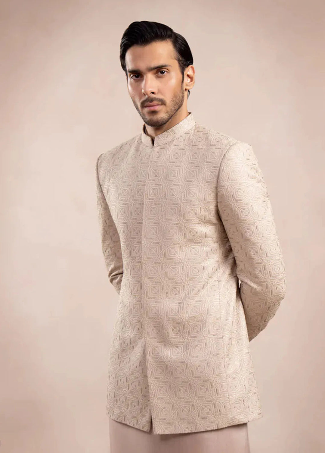 Muraqsh Pret Embroidered Raw Silk 2 Piece Kurta Trouser with Square Prince Coat