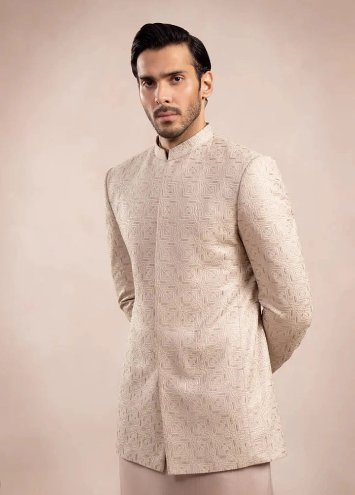 Muraqsh Pret Embroidered Raw Silk 2 Piece Kurta Trouser with Square Prince Coat