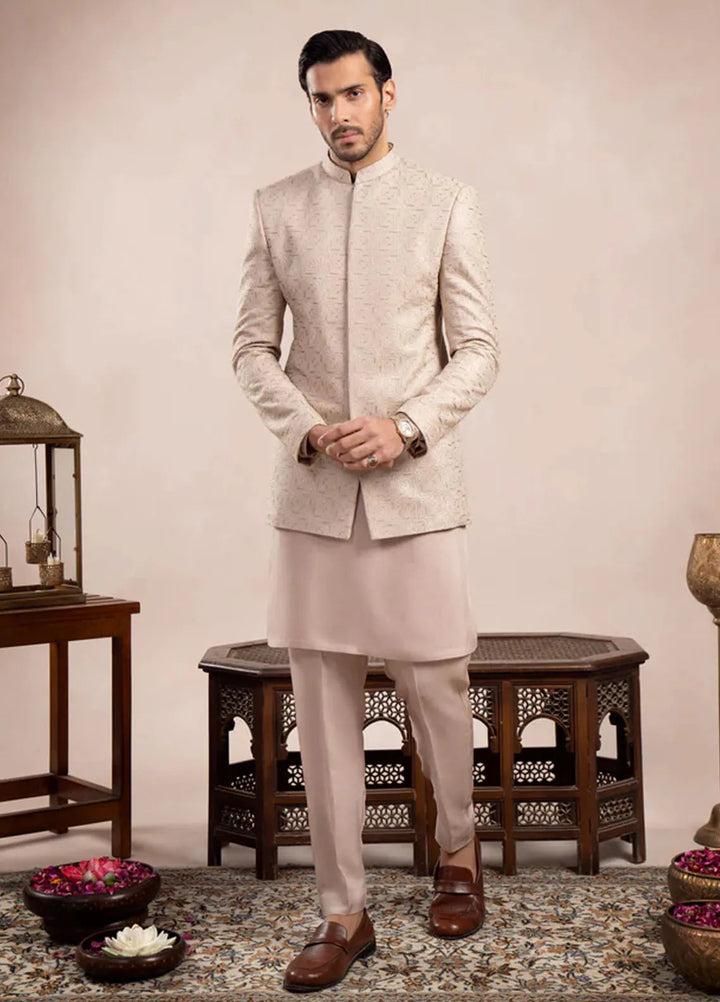 Muraqsh Pret Embroidered Raw Silk 2 Piece Kurta Trouser with Square Prince Coat