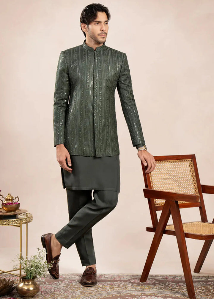 Muraqsh Pret Embroidered Raw Silk 2 Piece Olive Kurta Trouser with Falling Prince Coat
