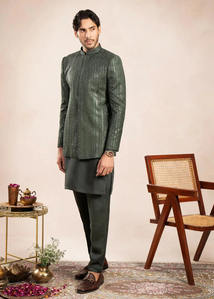 Muraqsh Pret Embroidered Raw Silk 2 Piece Olive Kurta Trouser with Falling Prince Coat