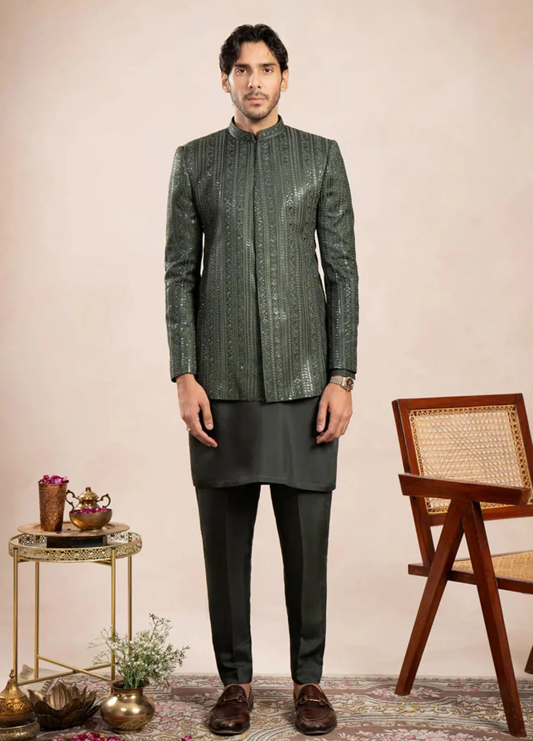 Muraqsh Pret Embroidered Raw Silk 2 Piece Olive Kurta Trouser with Falling Prince Coat