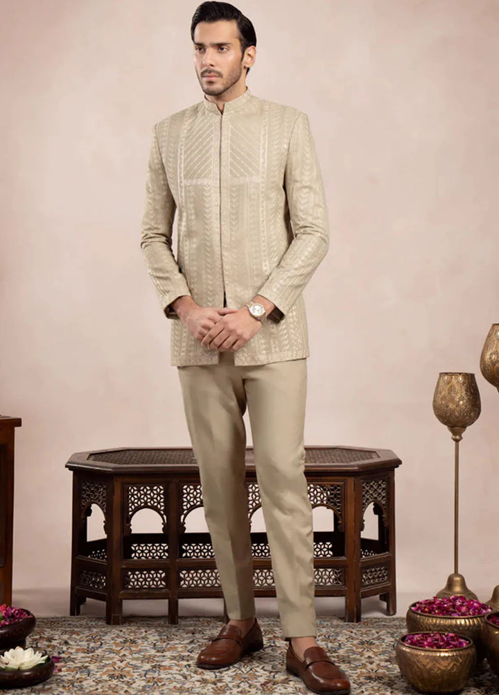 Muraqsh Pret Embroidered Raw Silk 2 Piece Royal Mint Prince Coat with Trouser