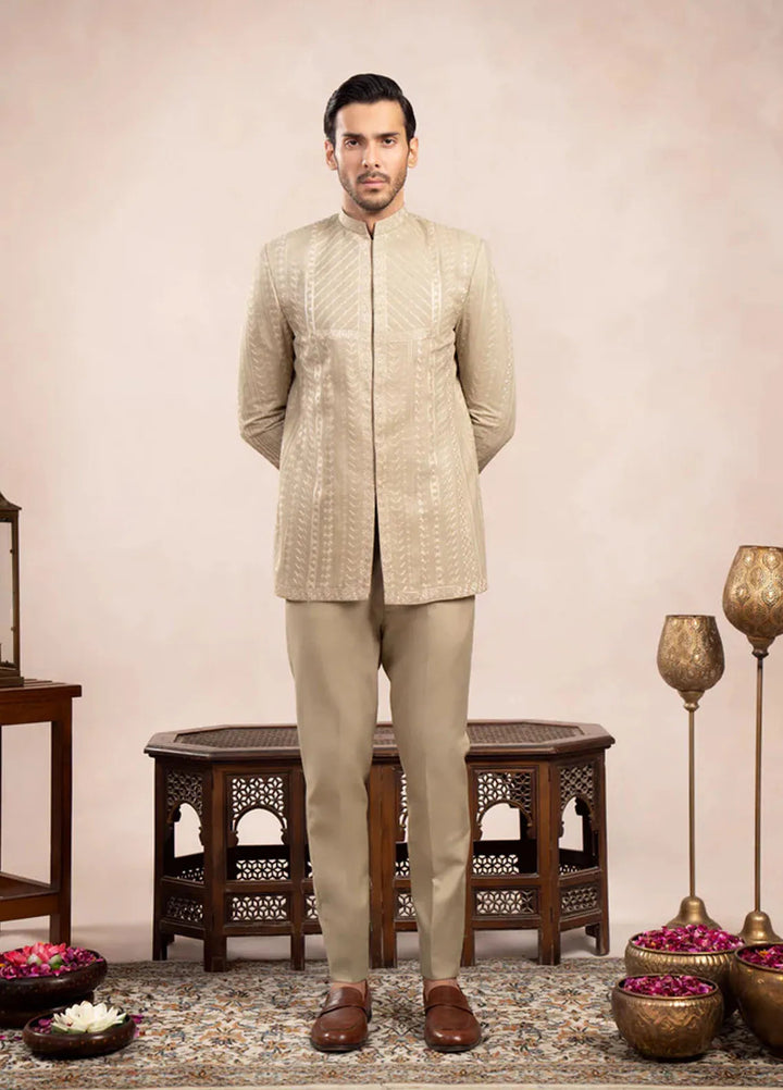 Muraqsh Pret Embroidered Raw Silk 2 Piece Royal Mint Prince Coat with Trouser