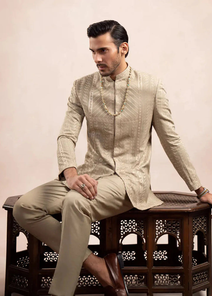 Muraqsh Pret Embroidered Raw Silk 2 Piece Royal Mint Prince Coat with Trouser