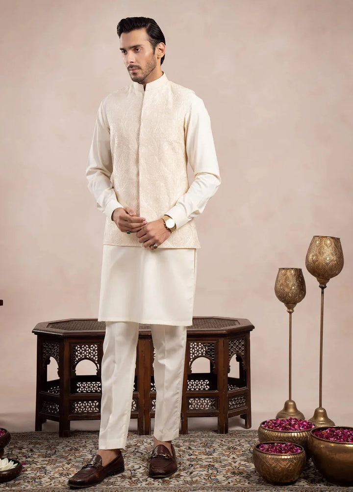 Muraqsh Raw Silk Embroidered Mens Bosky Kurta Trouser with Cross Stitched Waistcoat