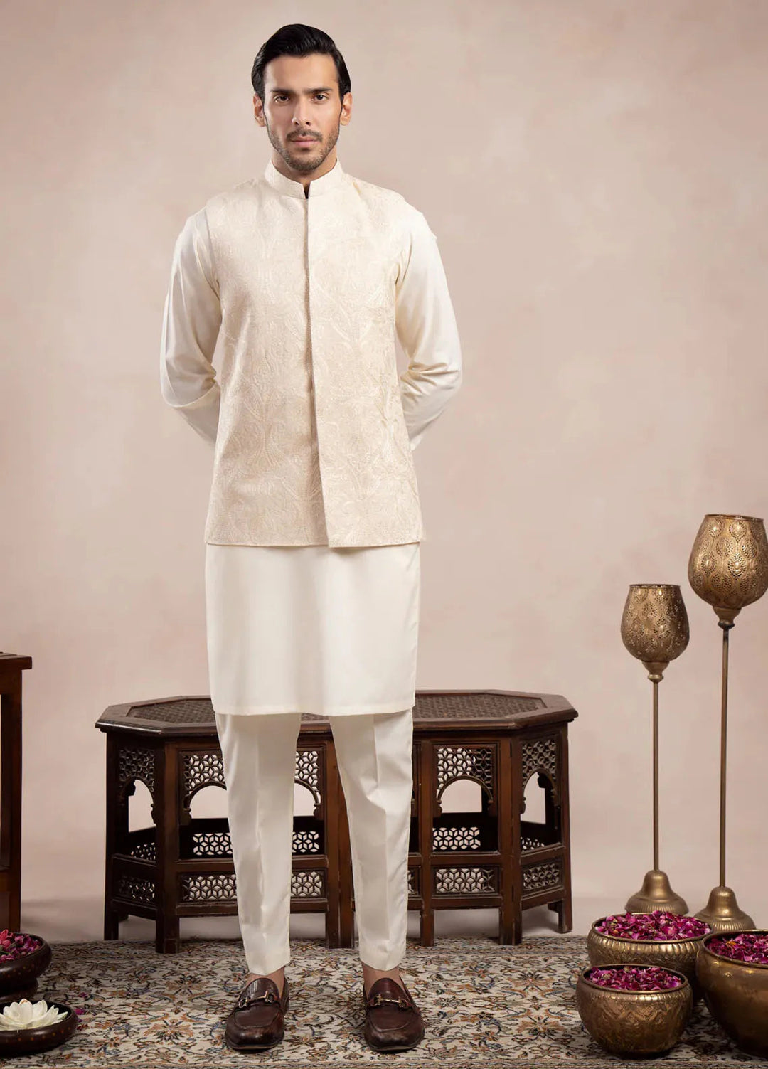 Muraqsh Raw Silk Embroidered Mens Bosky Kurta Trouser with Cross Stitched Waistcoat