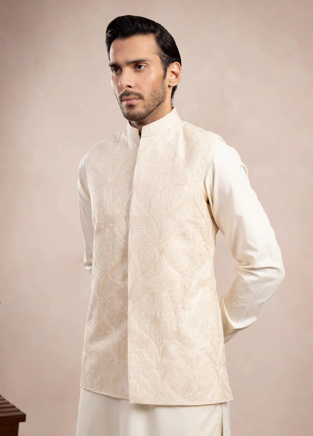 Muraqsh Raw Silk Embroidered Mens Bosky Kurta Trouser with Cross Stitched Waistcoat