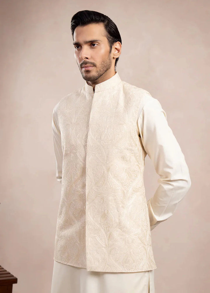 Muraqsh Raw Silk Embroidered Mens Bosky Kurta Trouser with Cross Stitched Waistcoat
