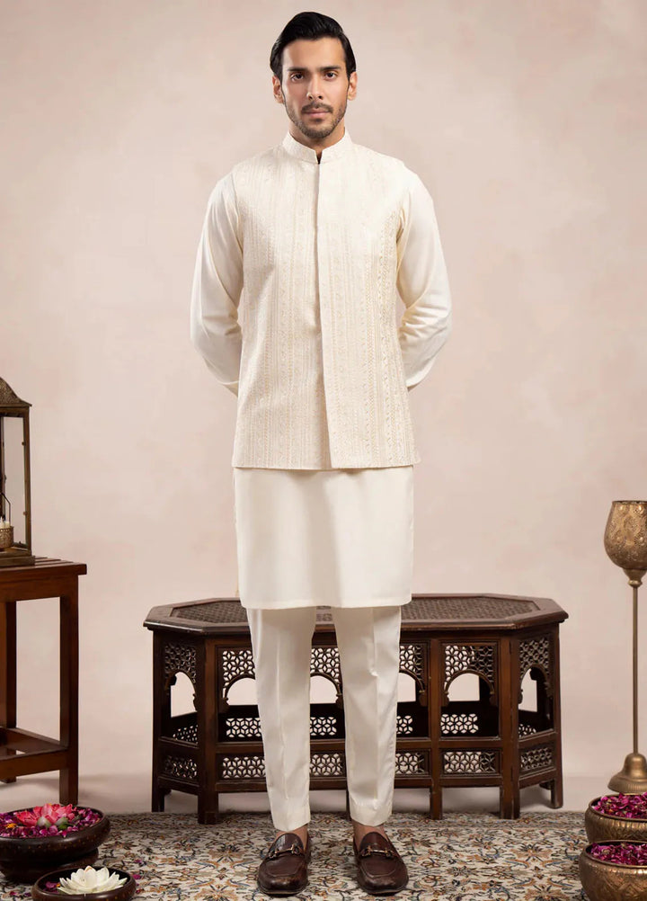 Muraqsh Raw Silk Embroidered Mens Bosky Kurta Trouser with Falling Waistcoat