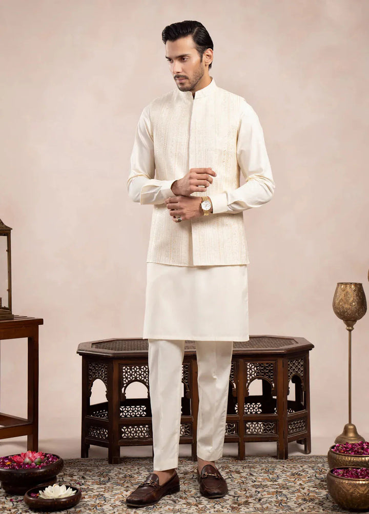 Muraqsh Raw Silk Embroidered Mens Bosky Kurta Trouser with Falling Waistcoat