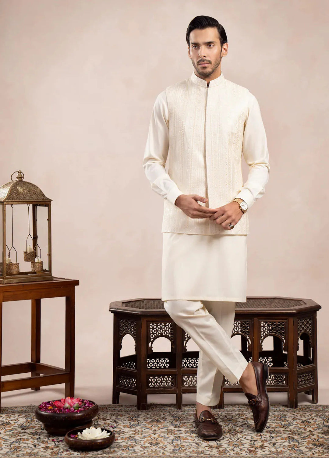 Muraqsh Raw Silk Embroidered Mens Bosky Kurta Trouser with Falling Waistcoat