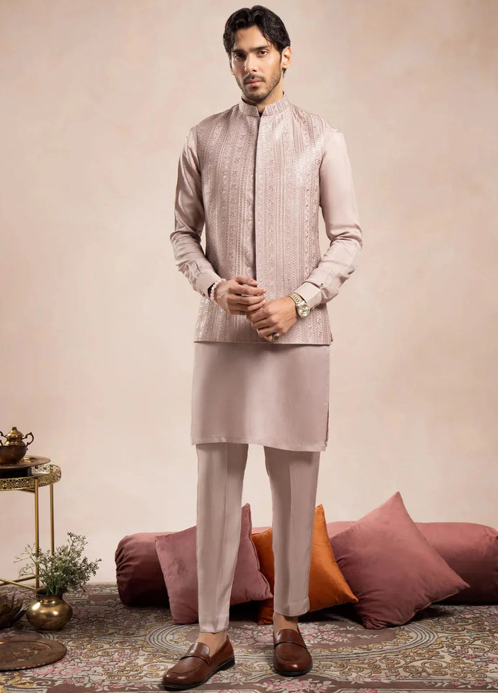 Muraqsh Raw Silk Embroidered Mens Kurta Trouser Falling Waistcoat