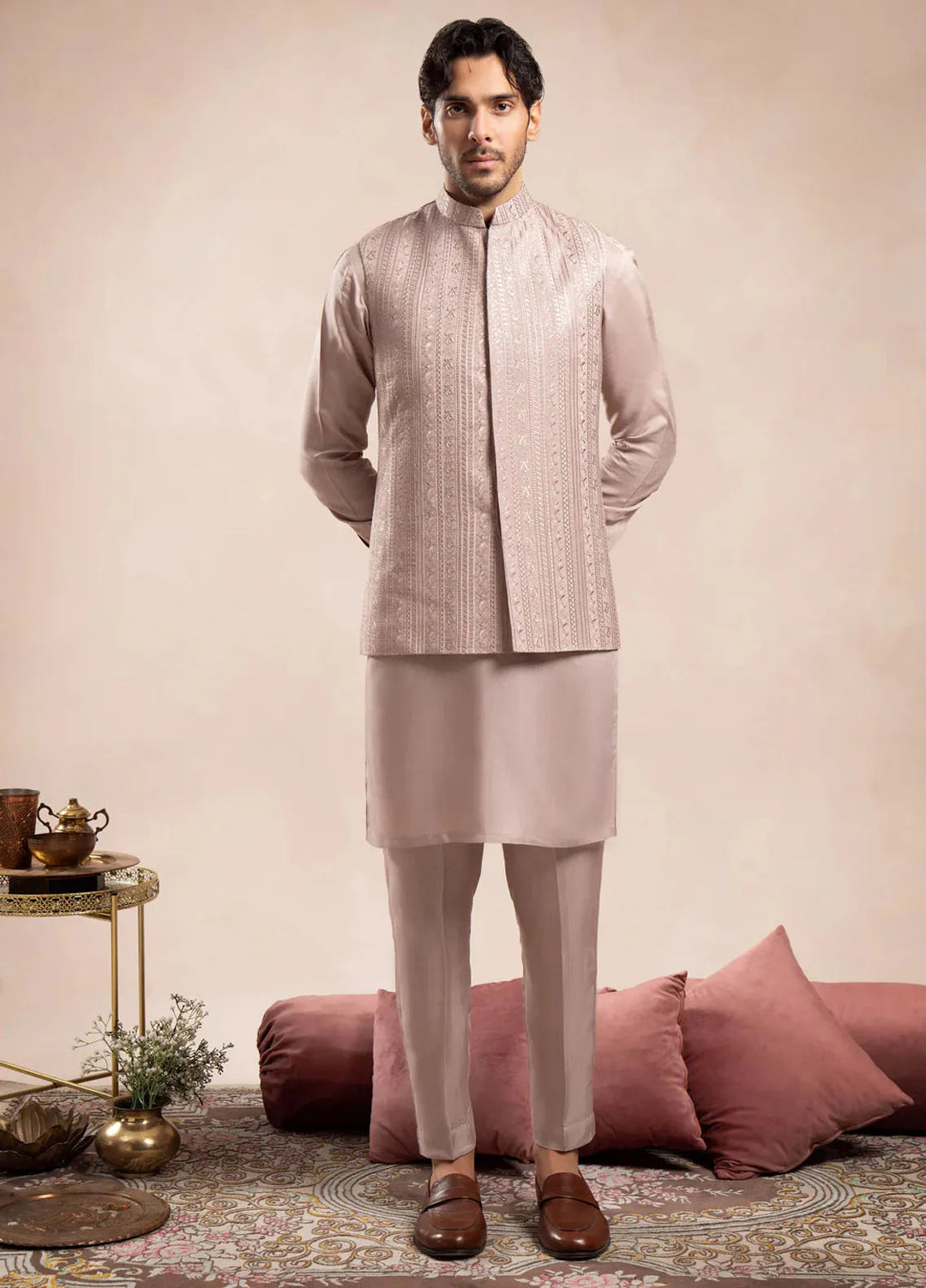 Muraqsh Raw Silk Embroidered Mens Kurta Trouser Falling Waistcoat
