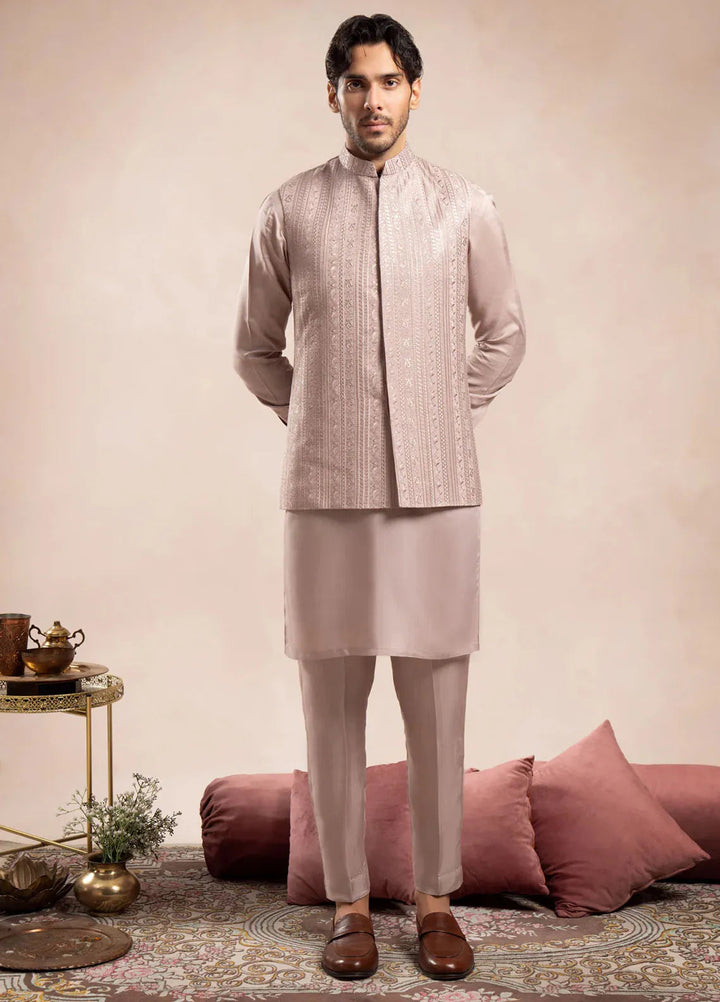 Muraqsh Raw Silk Embroidered Mens Kurta Trouser Falling Waistcoat