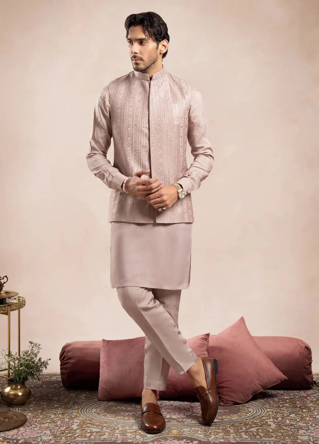 Muraqsh Raw Silk Embroidered Mens Kurta Trouser Falling Waistcoat