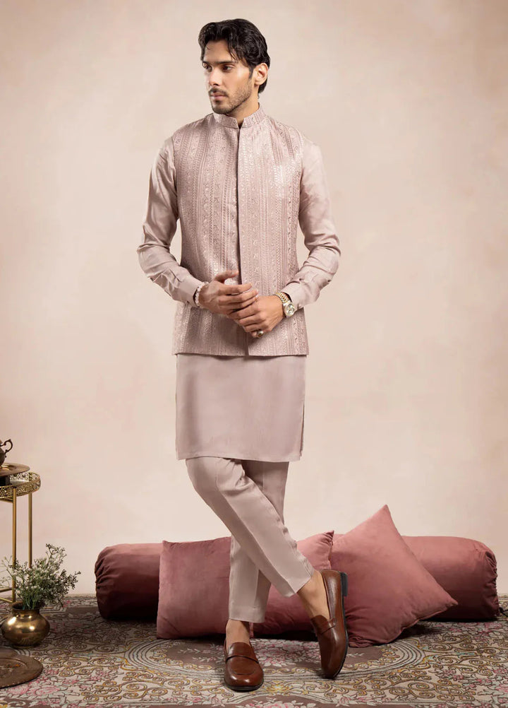 Muraqsh Raw Silk Embroidered Mens Kurta Trouser Falling Waistcoat