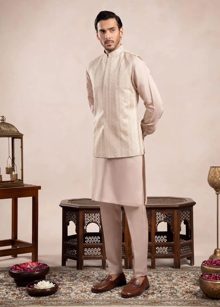 Muraqsh Raw Silk Embroidered Mens Kurta Trouser with Arrow Waistcoat