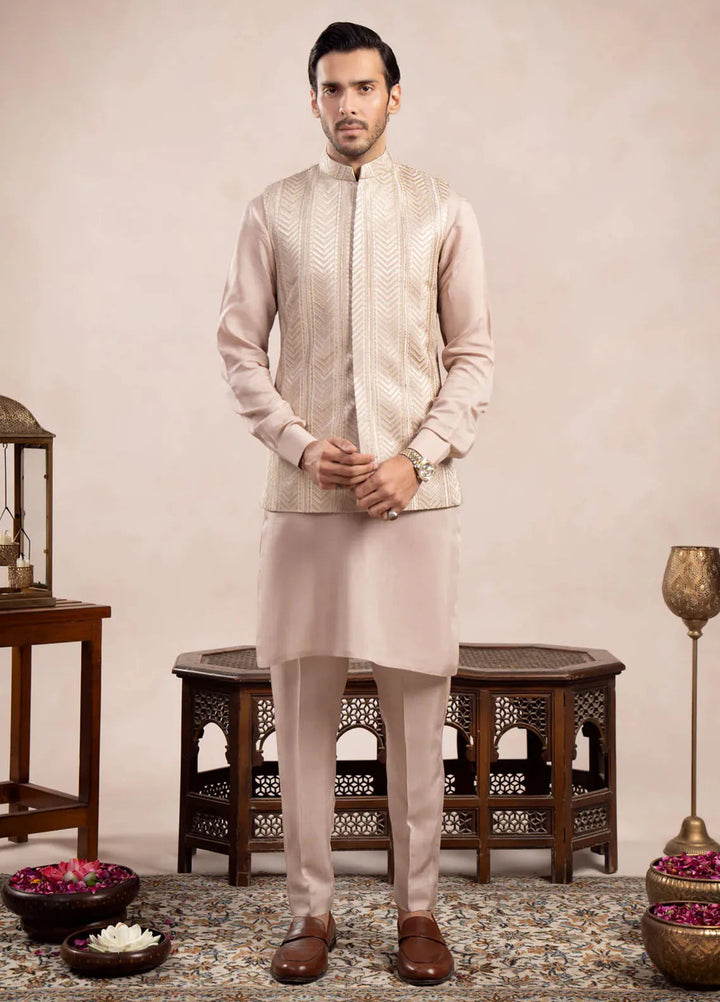 Muraqsh Raw Silk Embroidered Mens Kurta Trouser with Arrow Waistcoat