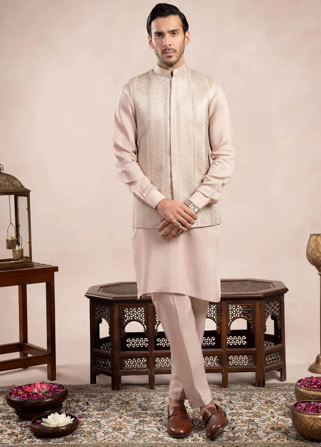 Muraqsh Raw Silk Embroidered Mens Kurta Trouser with Arrow Waistcoat