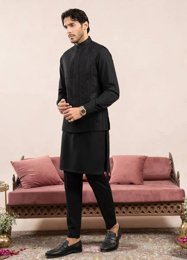 Muraqsh Raw Silk Embroidered Mens Kurta Trouser with Cross Stitched Waistcoat