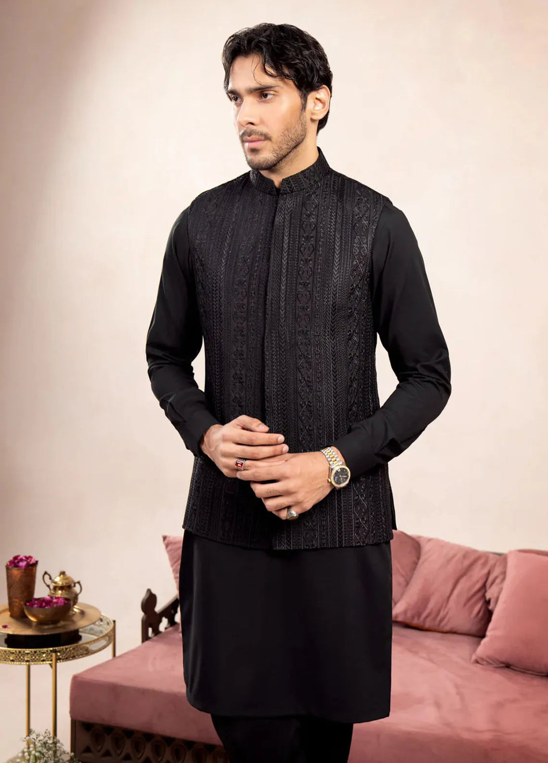 Muraqsh Raw Silk Embroidered Mens Kurta Trouser with Cross Stitched Waistcoat